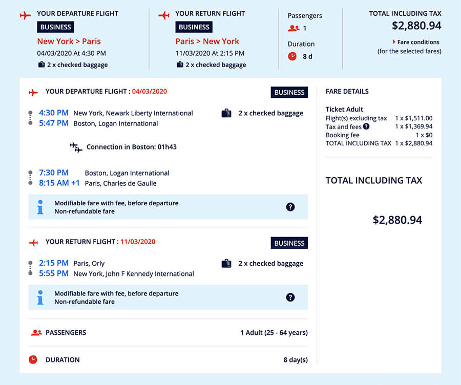 price flight business class air france new york to paris