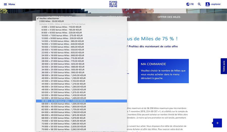 achat miles flying blue promotion
